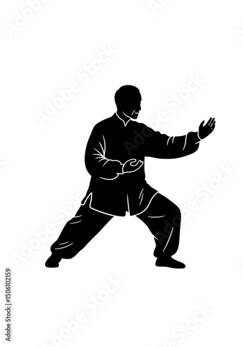 Silhouette of elderly man practicing Tai Chi in a serene pose - Concept of silhouettes of elderly people  