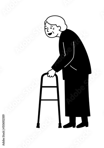 Elderly person smiling while using a walking frame in silhouette - Concept of silhouettes of elderly people  