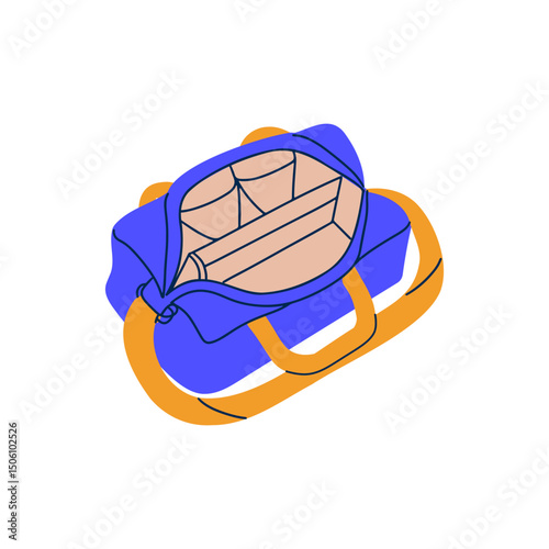 Open travel bag  for drinks and food. Trendy hand drawn vector illustration.