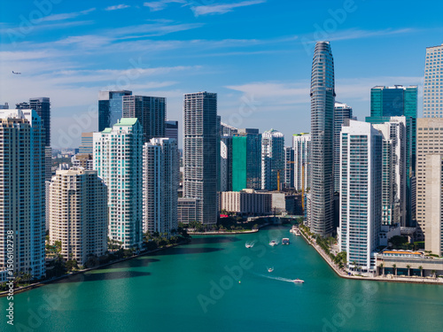 Miami skyline. Miami skyscraper cityscape. Miami city skyline view of Brickell key. Miami downtown. Skyscraper building. Cityscape building downtown. Travel destination. City architecture