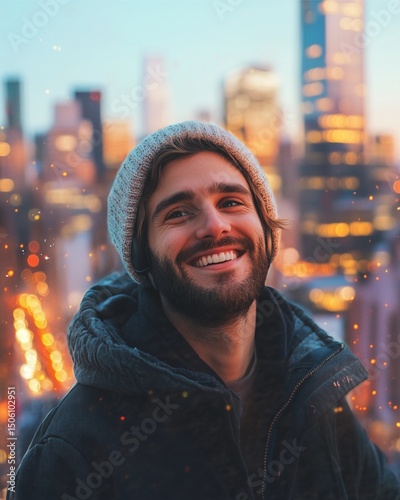 smiling man winter city portrait, smiling man winter city lifestyle, smiling man winter city evening lights