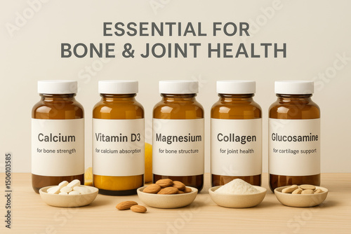 Promoting bone and joint health with essential supplements like calcium, vitamin D3, magnesium, collagen, and glucosamine for optimal strength and support, infographics.