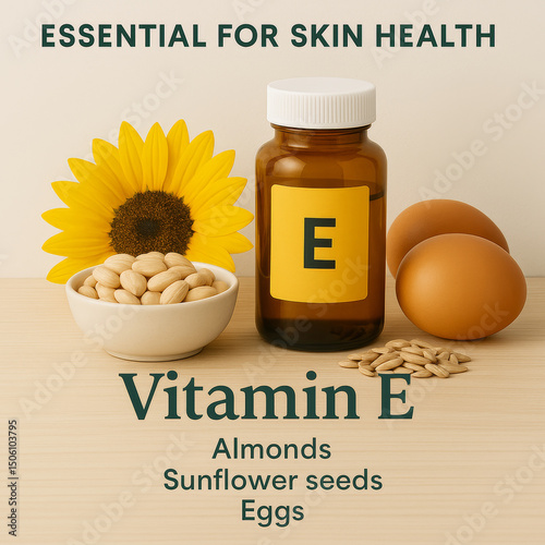 Vitamin E supplement bottle is displayed alongside almonds, sunflower seeds, eggs, and a sunflower, highlighting natural sources of this essential nutrient for healthy skin, infographics.