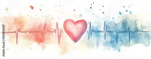 watercolor heartbeat heart illustration, watercolor heartbeat art with watercolor heart, colorful watercolor heartbeat heart concept art