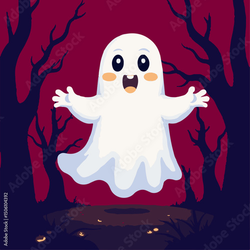 Ghost floating in a red forest scene