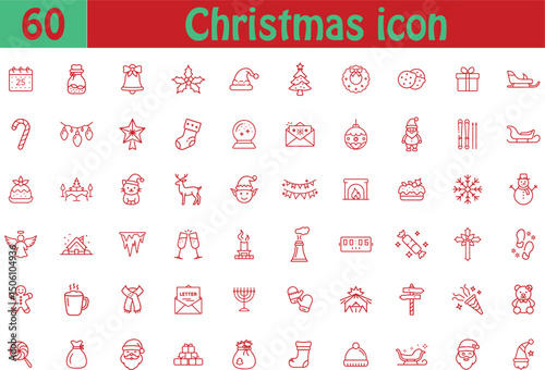 60 Christmas icon mega set on transparent background, winter, holiday, festive, gift, tree, snow, Sant, reindeer, bell, star, sock, sleigh, lights, candy, wreath, snowman and more