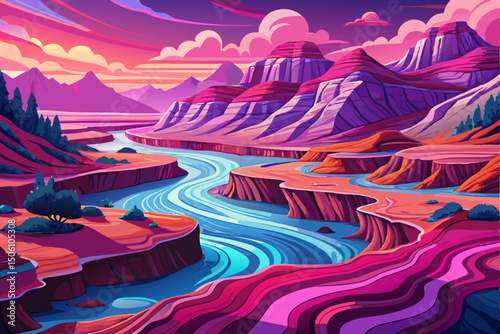 National park landscape with river and rocky mountains vector background with purple and pink sky