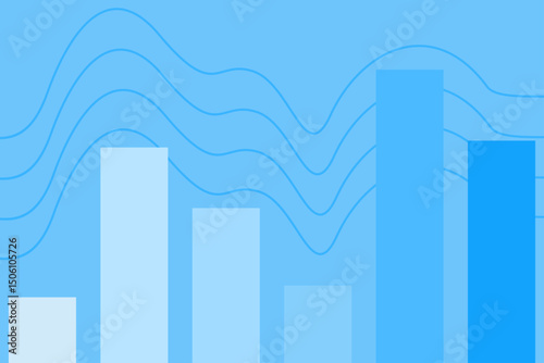 Data visualization shows trends in numbers with blue bars and flowing lines in a clear blue background