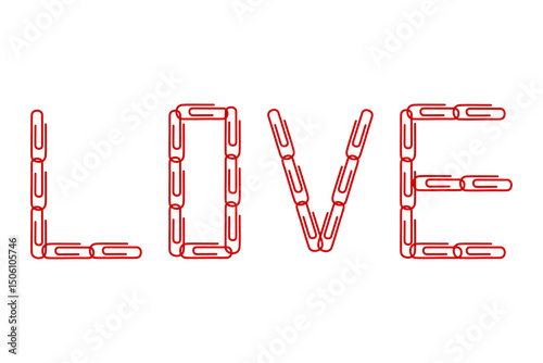 Creative arrangement of red paper clips forming the word love in an artistic display on a white background
