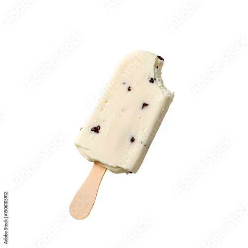 Bitten Vanilla Ice Cream Popsicle with Chocolate Chips on Transparent Background
