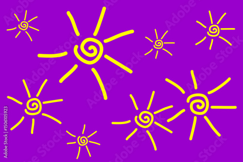 Colorful sun patterns on purple background evoke joyful summer vibes in a playful design