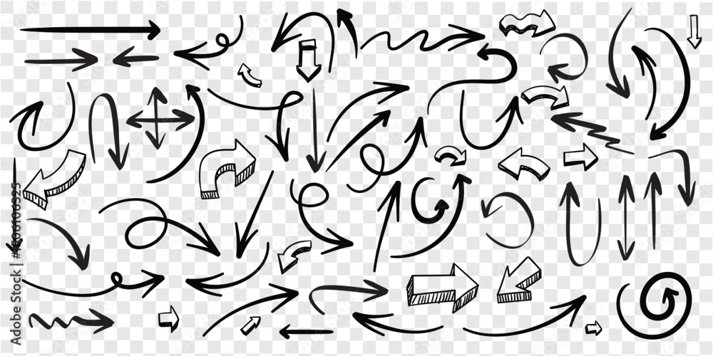Fototapeta premium Set of simple lines hand drawn black arrows. Hand drawn freehand different curved lines, swirls arrows. Doodle marker drawing, black chalk smears. Direction pointers. Scribbles and scrawls. eps 10