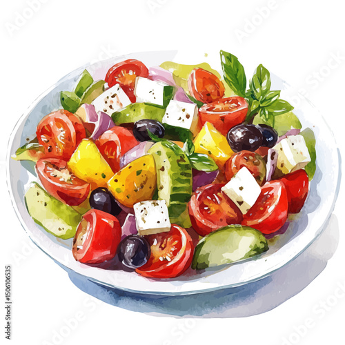 Greek Salad, watercolor painting vector, high quality, isolated on a white background.