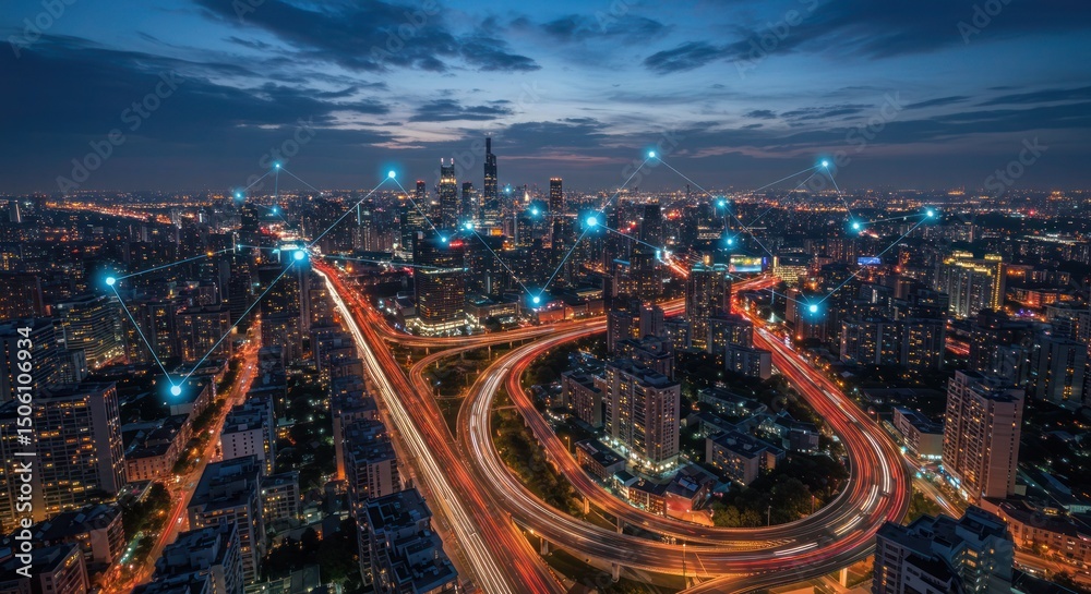 Fototapeta premium Futuristic city lights illuminate the night