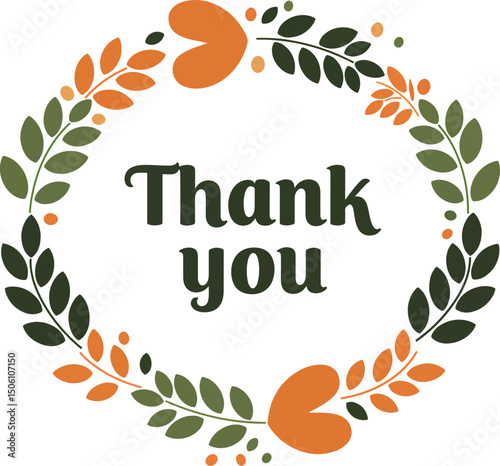 thank you text with decorative flat leaves in solid color