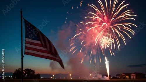 Independence Day holiday night sky with fireworks and the American flag	