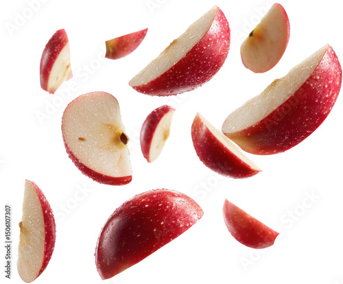 Sliced red apple pieces falling in air food dynamic viewpoint isolated on transparent background