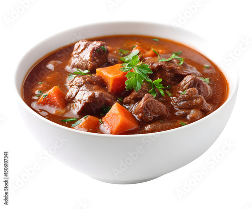 Delicious Beef Stew with Carrots and Parsley in White Bowl Isolated on Transparent Background