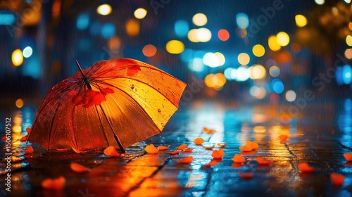 An umbrella on a wet pavement, illuminated by city lights at night. photo