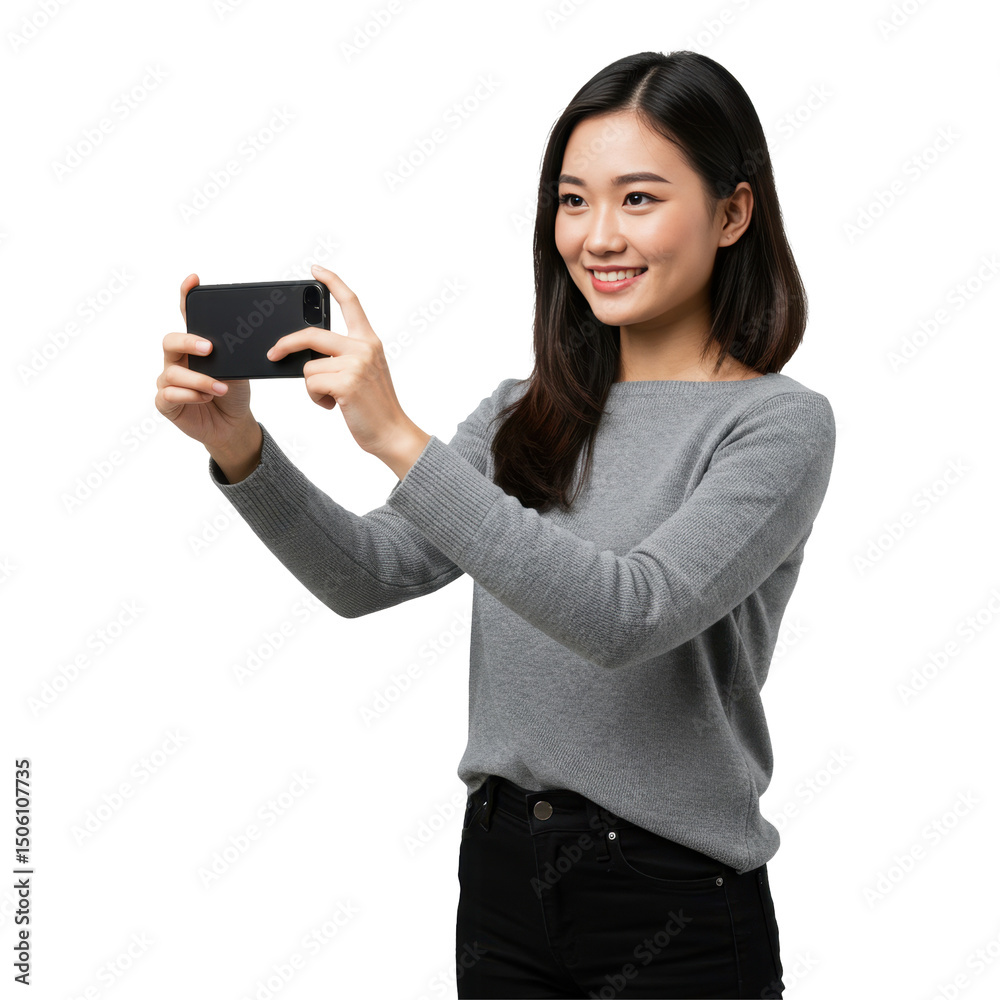 woman shooting a video with her phone isolated on transparent background woman shooting a video with her phone isolated on transparent background