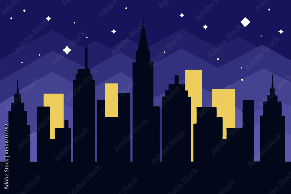 Fototapeta premium Winter urban night cityscape with a starry sky and illuminated downtown buildings