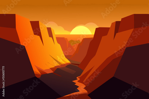 An awe-inspiring desert landscape at sunset, with silhouetted mountains against an orange and red sky