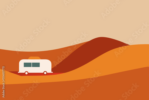 Road travel vector illustration of a green caravan vehicle on the road