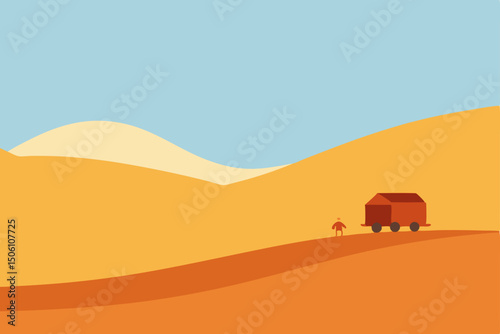 Wild horses and a camel roam a sun-drenched, arid desert landscape with towering dunes under an orange sky