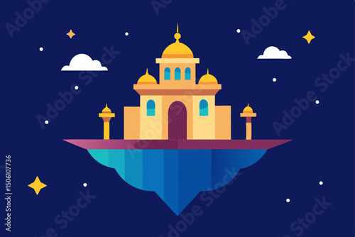 Dark night sky above a mosque illustration with town and city lights