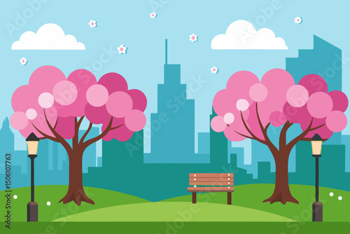Urban park landscape in spring with green trees, buildings, and a clear sky, illustrating nature's vibrant return to the cityscape