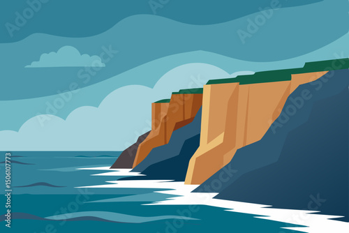 Island and boat on the scenic summer ocean with rocky coast and sky