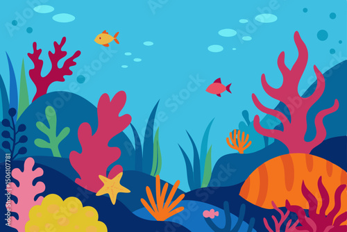 Colorful tropical fish swim in a vibrant underwater illustration of a coral reef