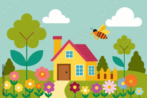 Cartoon vector illustration of a summer village landscape with a house, trees, and garden under a clear sky