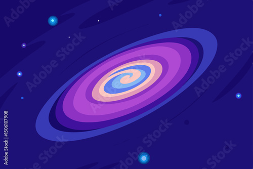 A vibrant blue and purple spiral galaxy swirls with light and energy in the vast cosmic backdrop