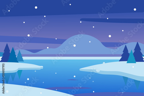 Christmas winter night landscape with snow, stars, and moon
