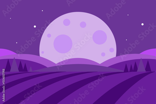 Night landscape with moon and stars over a dark mountain silhouette