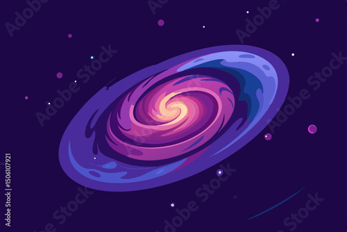 Purple and blue spiral galaxy in space with glowing stars and a swirling light vortex design