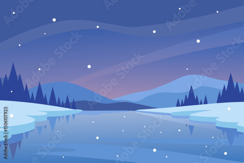 Snowy mountain landscape with a festive house and evergreen trees under a cold night sky, ideal for holiday celebration