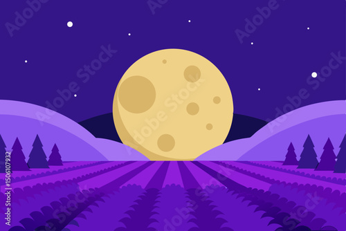 Moonlit vector night city landscape with stars and winter trees