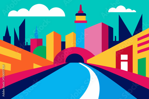 Urban cityscape vector illustration with buildings, streets, and trees under a clear sky, depicting a vibrant town scene