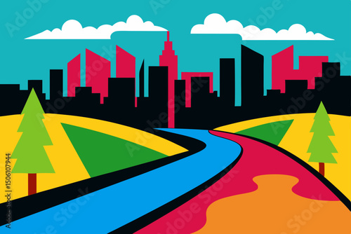 Road to the city urban landscape with a modern skyline, buildings, and a clear sky illustration