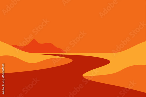 Vector illustration of a desert landscape with mountains, sun, and sand dunes at sunset