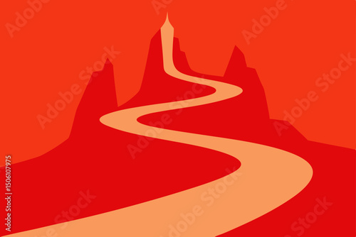 Abstract red background vector illustration featuring a desert sunset landscape with mountain silhouettes and a lone tree, blending nature's artistry with a festive touch