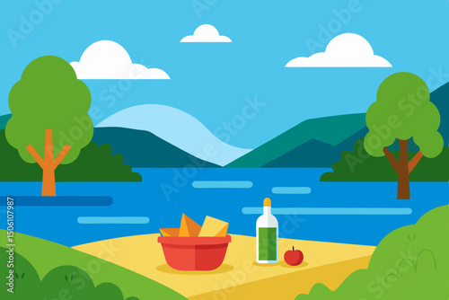 Colorful cartoon vector landscape with summer trees, mountains, grass, and a bright sky with sun and clouds