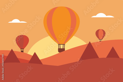 Sunlit hot air balloons dot the desert landscape, a vibrant orange silhouette against the sky at sunset, with a lone camel and tree adding to the travel illustration
