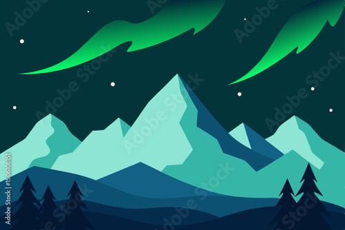 Seamless vector illustration of a cold mountain and sea landscape with snow and ice under a blue night sky