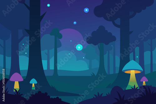 Halloween night landscape vector illustration: Dark silhouette of a cemetery under a full moon and starry sky