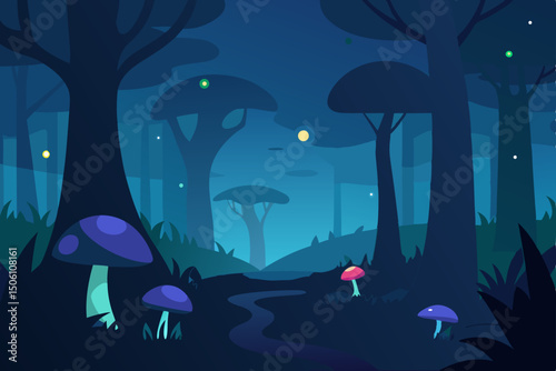 Vector illustration of a dark Halloween night forest landscape with a blue sky and moon