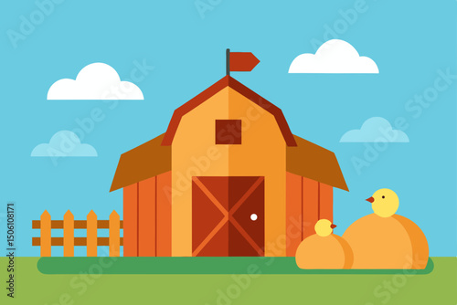 Vector cartoon illustration of a country farm landscape with a farmhouse, barn, and chickens under a summer sky