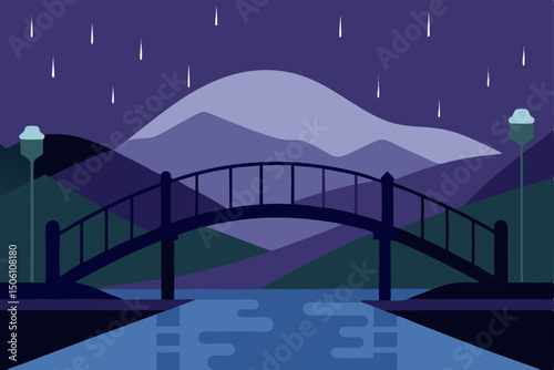 Blue sky winter landscape with a light-kissed bridge over the river at night, reflecting stars on the water